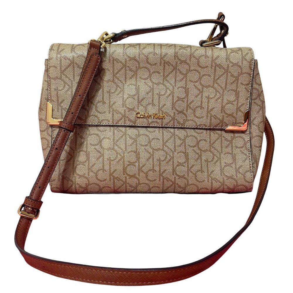 Calvin Klein Beige Leather Logo Shoulder and Hand Women's Bag